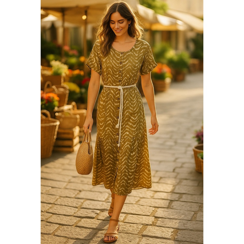 Wonderly Women's Olive Green Midi Dress Size Large Boho Summer Lightweight